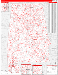 Alabama Wall Map Zip Code Red Line Style 2024