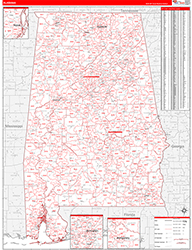 Alabama Wall Map Zip Code Red Line Style 2026