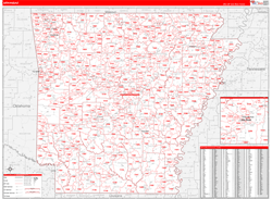 Arkansas Wall Map Zip Code Red Line Style 2024