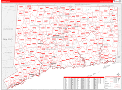 Connecticut Wall Map Zip Code Red Line Style 2024