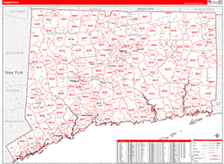 Connecticut Wall Map Zip Code Red Line Style 2026