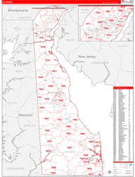 Delaware Wall Map Zip Code Red Line Style 2024