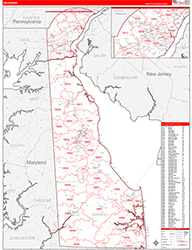 Delaware Wall Map Zip Code Red Line Style 2026