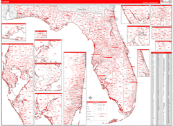Florida Wall Map Zip Code Red Line Style 2024