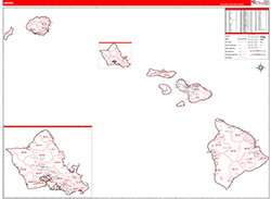 Hawaii Wall Map Zip Code Red Line Style 2026