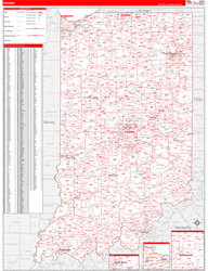 Indiana Wall Map Zip Code Red Line Style 2024