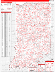 Indiana Wall Map Zip Code Red Line Style 2026