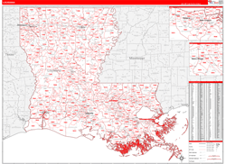 Louisiana Wall Map Zip Code Red Line Style 2024