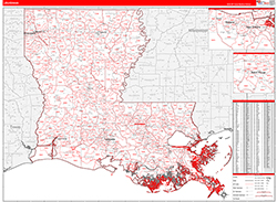 Louisiana Wall Map Zip Code Red Line Style 2026