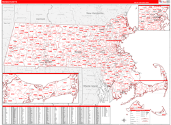 Massachusetts Wall Map Zip Code Red Line Style 2024