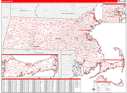 Massachusetts Wall Map Zip Code Red Line Style 2026