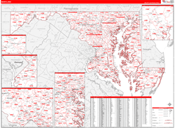 Maryland Wall Map Zip Code Red Line Style 2024