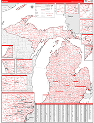 Michigan Wall Map Zip Code Red Line Style 2026