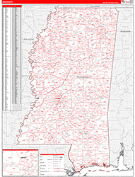 Mississippi Wall Map Zip Code Red Line Style 2026