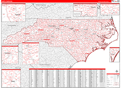 North Carolina Wall Map Zip Code Red Line Style 2026