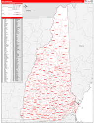 New Hampshire Wall Map Zip Code Red Line Style 2024