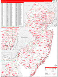 New Jersey Wall Map Zip Code Red Line Style 2024