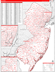 New Jersey Wall Map Zip Code Red Line Style 2026