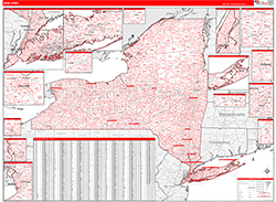 New York Wall Map Zip Code Red Line Style 2026