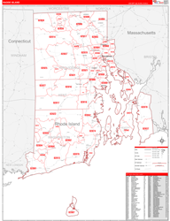 Rhode Island Wall Map Zip Code Red Line Style 2023