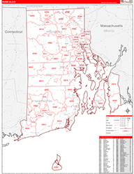 Rhode Island Wall Map Zip Code Red Line Style 2026