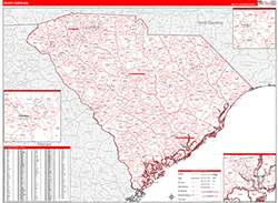 South Carolina Wall Map Zip Code Red Line Style 2026