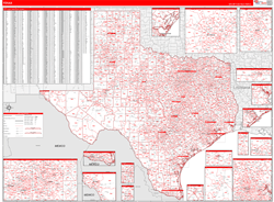 Texas Wall Map Zip Code Red Line Style 2024
