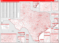 Texas Wall Map Zip Code Red Line Style 2026