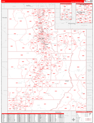 Utah Wall Map Zip Code Red Line Style 2024