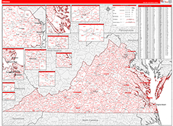 Virginia Wall Map Zip Code Red Line Style 2026