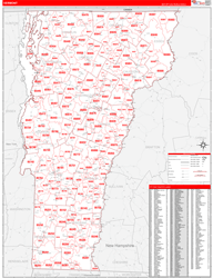 Vermont Wall Map Zip Code Red Line Style 2023