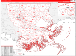 Louisiana South Eastern Wall Map Red Line Style 2024