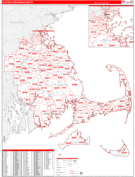 Massachusetts South Eastern Wall Map Red Line Style 2024