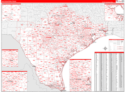 Texas South Eastern Wall Map Red Line Style 2024