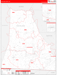 Cleveland County, NC Wall Map Red Line Style