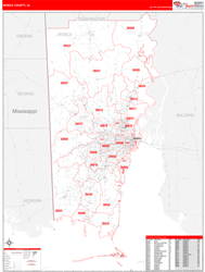 Mobile County, AL Wall Map Red Line Style