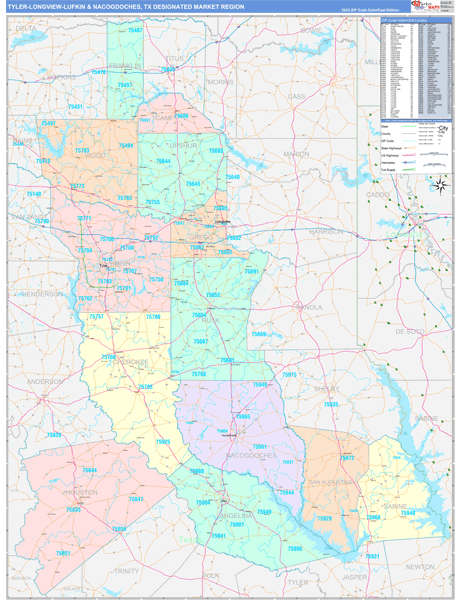 Tyler-Longview (Lufkin & Nacogdoches), TX DMR Wall Maps Color Cast Style
