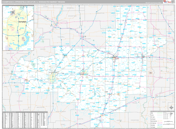 Champaign & Springfield-Decatur DMR, IL Wall Map