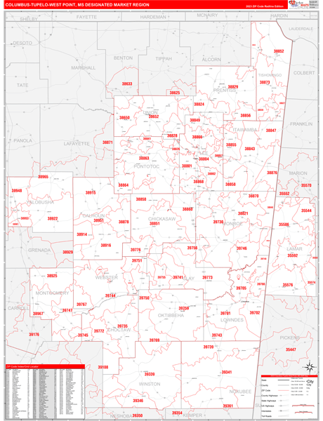 Columbus-Tupelo-West Point DMR, MS Wall Map