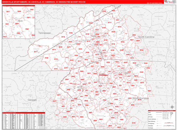 Greenville-Spartanburg-Asheville-Anderson, SC DMR Wall Maps Red Line Style