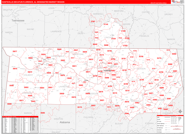 Huntsville-Decatur (Florence), AL DMR Wall Maps Red Line Style