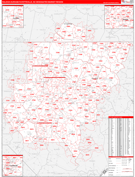 Raleigh-Durham (Fayetteville), NC DMR Wall Maps Red Line Style