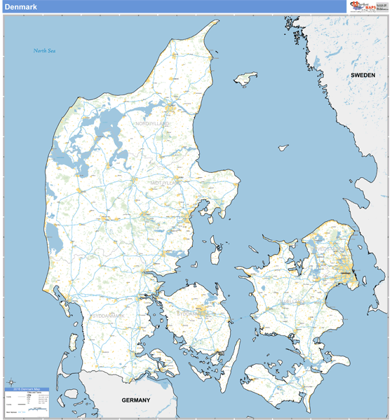 Denmark Wall Map Basic Style by MarketMAPS - MapSales