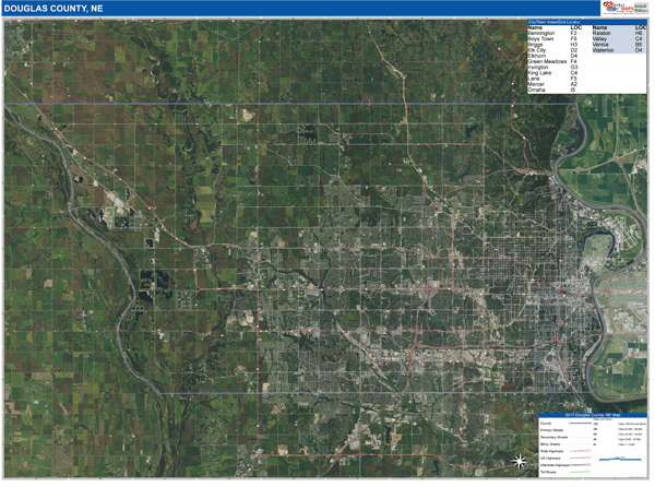 Douglas County NE Wall Map Satellite Basic Style by MarketMAPS MapSales