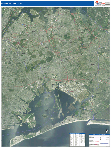 Queens County Wall Map Satellite Style