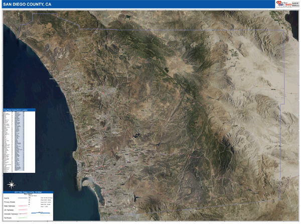 San Diego County Wall Map Satellite Style