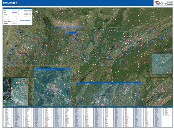 Tennessee State Wall Map Satellite Style