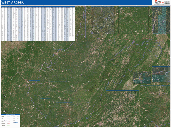 West Virginia State Wall Map Satellite Style