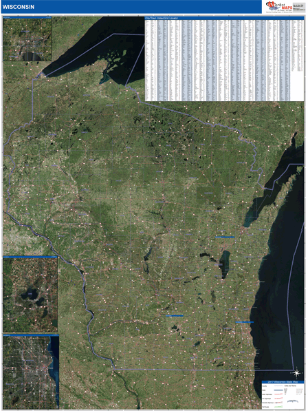 Wisconsin State Wall Map Satellite Style