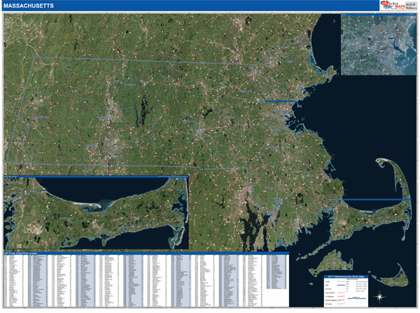 Massachusetts Wall Map Satellite ZIP Style by MarketMAPS - MapSales